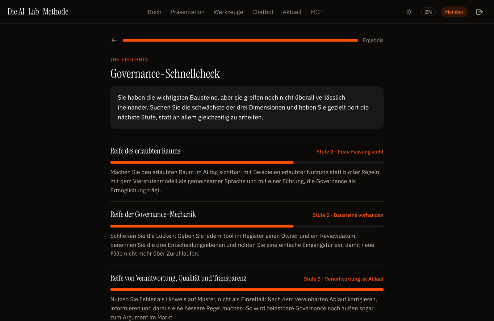 Selbstchecks mit Auswertung: das Ergebnis mit Empfehlung je Dimension.