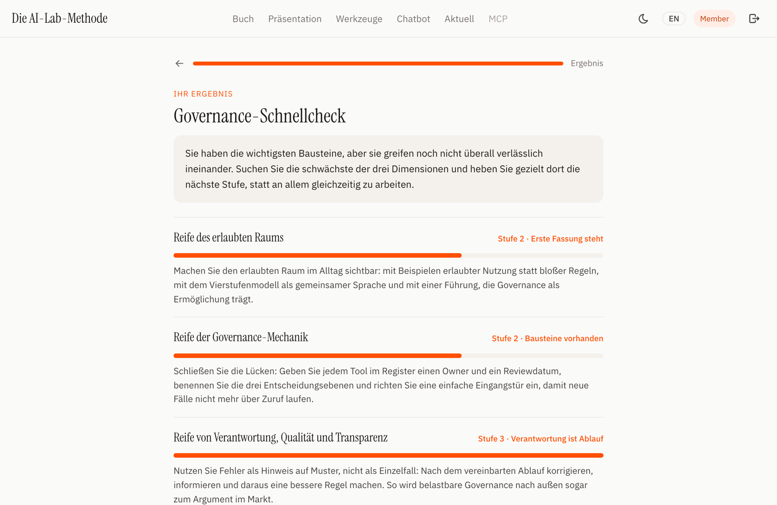 Selbstchecks mit Auswertung: das Ergebnis mit Empfehlung je Dimension.